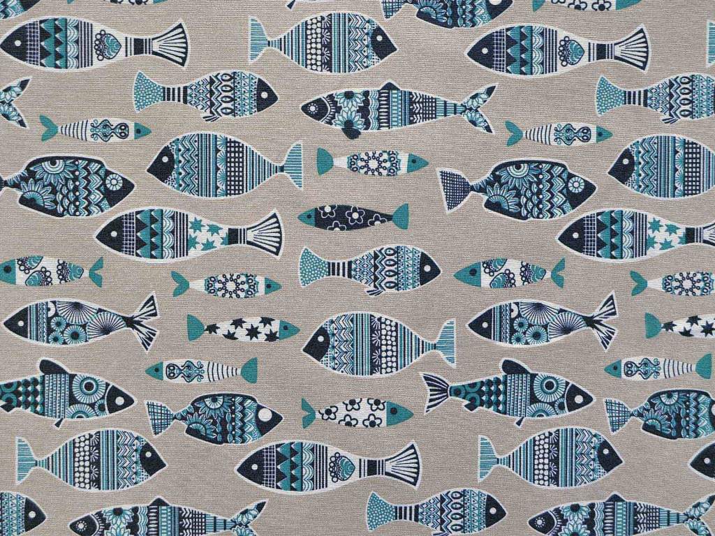 Tela loneta estampada peces de colores dibujo plano azul