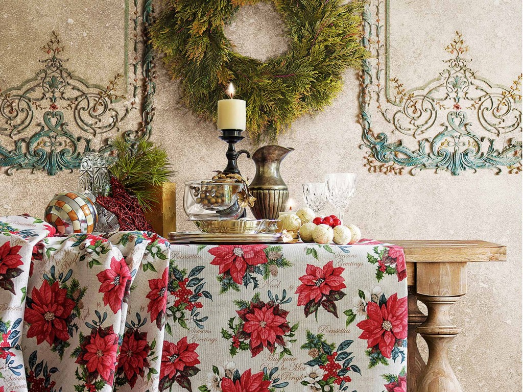 Tela loneta estampada Navidad flor de pascua estilo vintage
