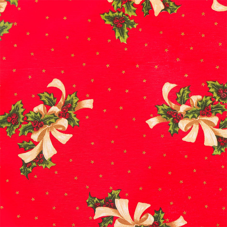 Tela loneta estampada Navidad estilo clásico piñas y estrellas fondo rojo