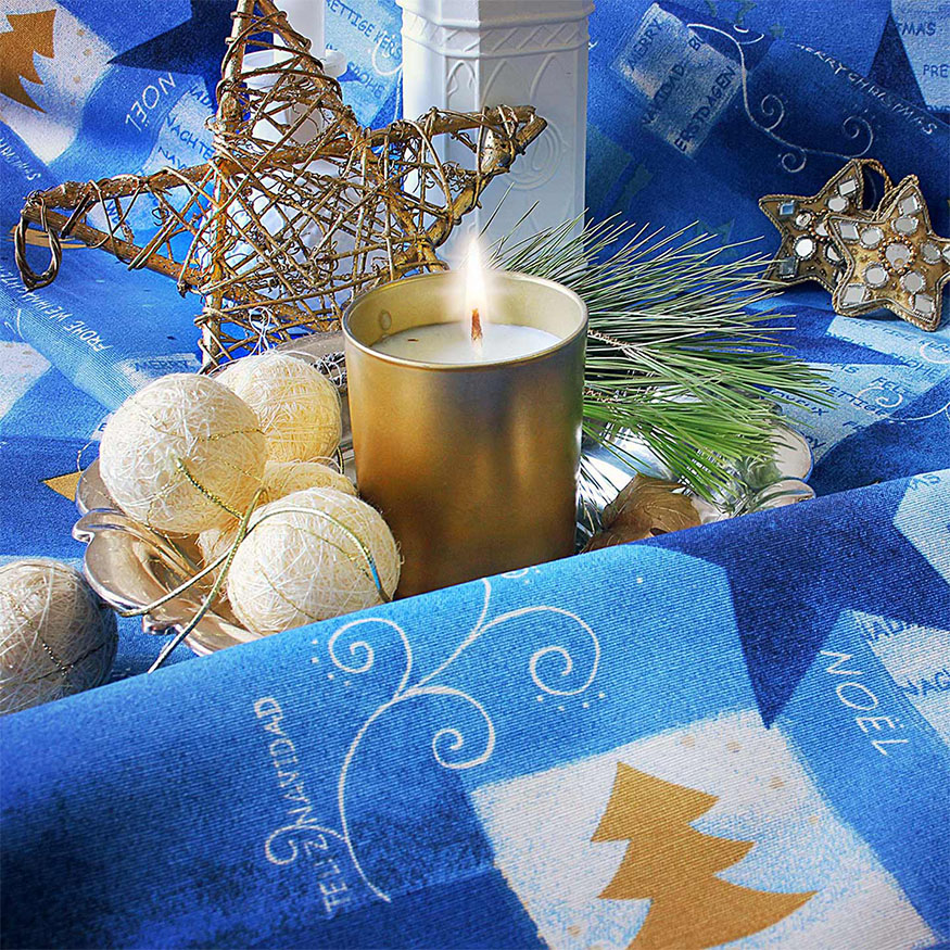 Tela loneta estampada Navidad azul y dorada estrellas