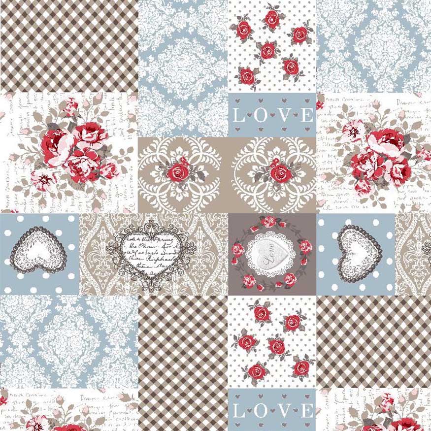 Tela loneta estampada shabby chic patchwork flores y corazones 