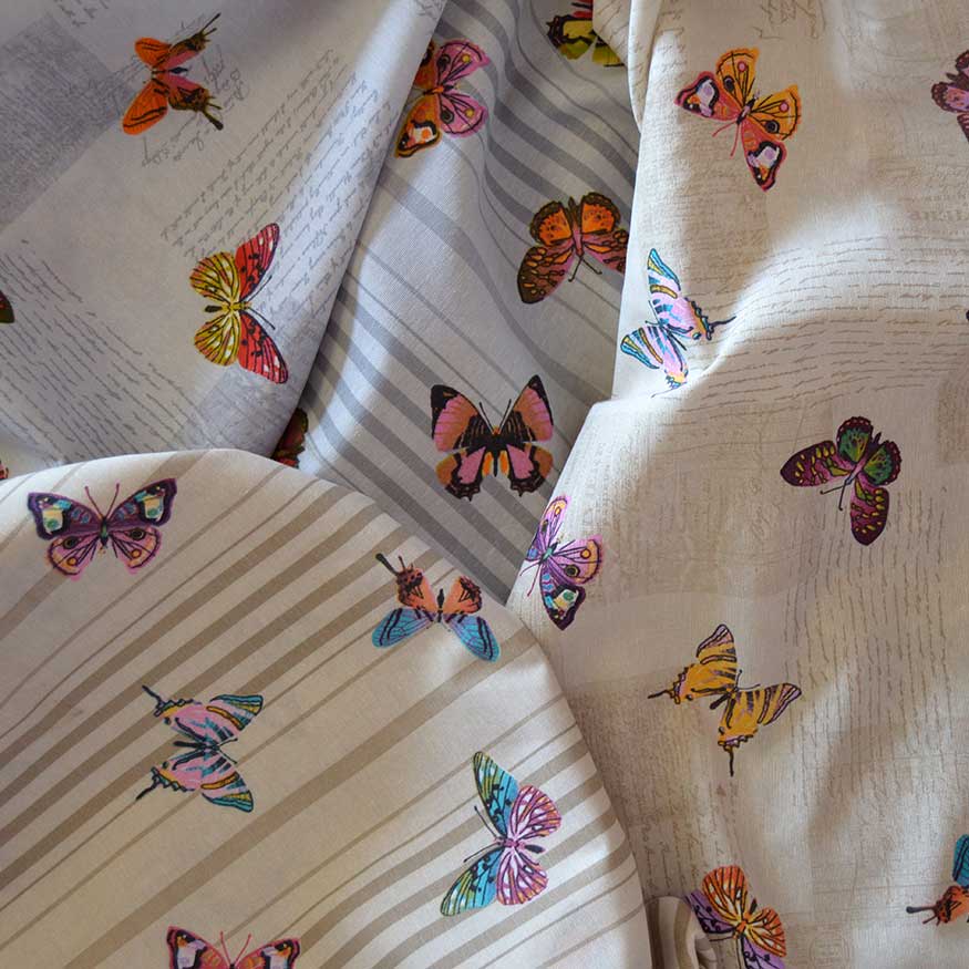 Tela loneta estampada mariposas estilo shabby vintage