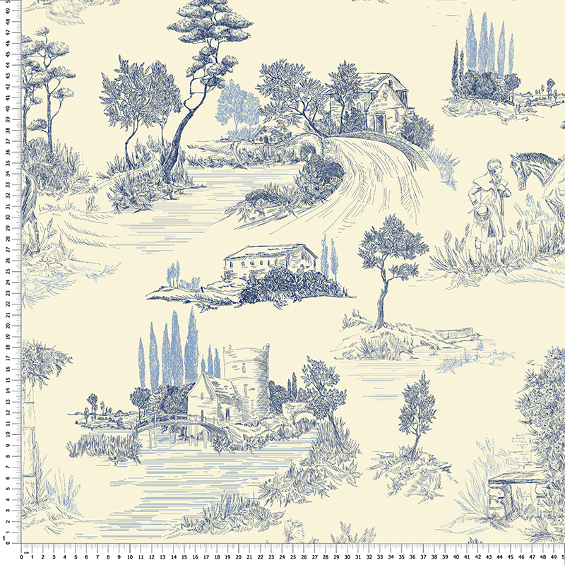 tela loneta coto paisaje toile de jouy azul