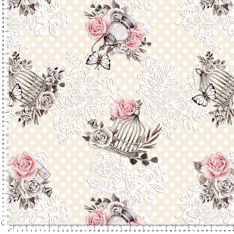 loneta estampado vintage, shabby chic con lunares puntillas jaulas mariposas