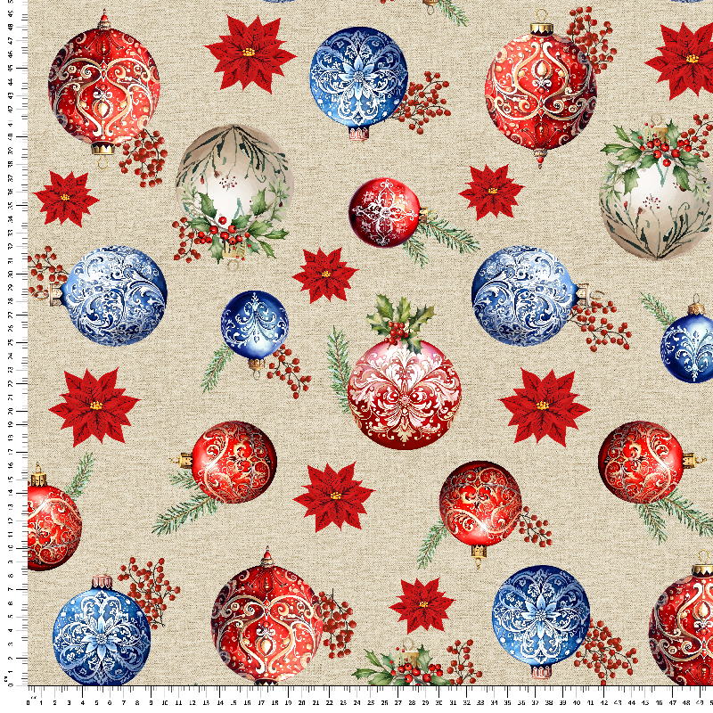 loneta estampado navidad fondo beige con adornos de bolas navideñas fabrics christmas whoresale