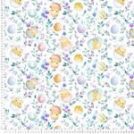 Tela loneta estampada pascua diseño huevos pollos flores