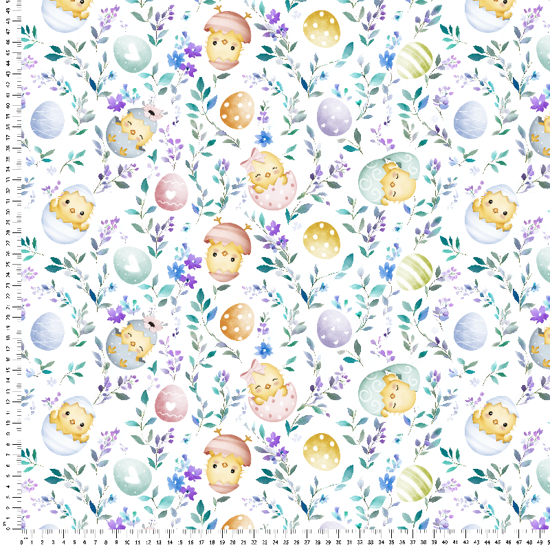 Tela loneta estampada pascua diseño huevos pollos flores