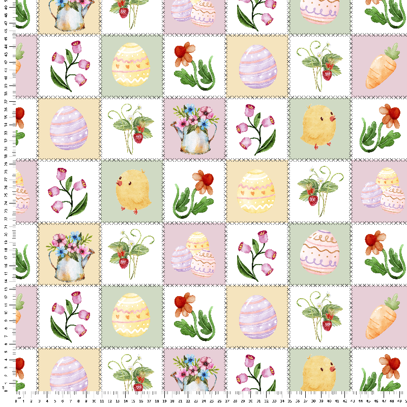 Tela loneta estampado pascua easter cuadros con pollos y plantas ornamental easter fabrics