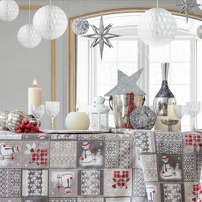 Tela loneta estampada Navidad patchwork gris casa muñeco de nieve
